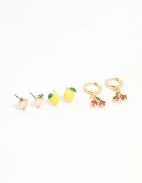 Gold Enamel Mixed Fruit Stud Earrings 3-Pack