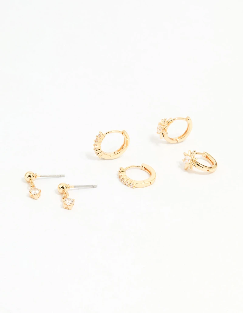 Gold Cubic Zirconia Mixed Cross Huggie & Stud Earrings 3-Pack