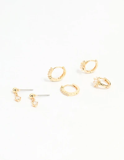 Gold Cubic Zirconia Mixed Cross Huggie & Stud Earrings 3-Pack