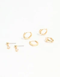 Gold Cubic Zirconia Mixed Cross Huggie & Stud Earrings 3-Pack