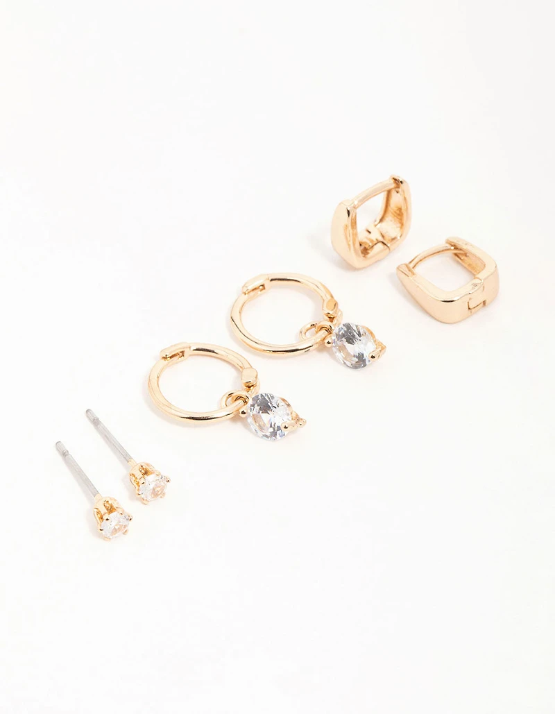 Gold Cubic Zirconia Huggie & Stud Earrings 3-Pack