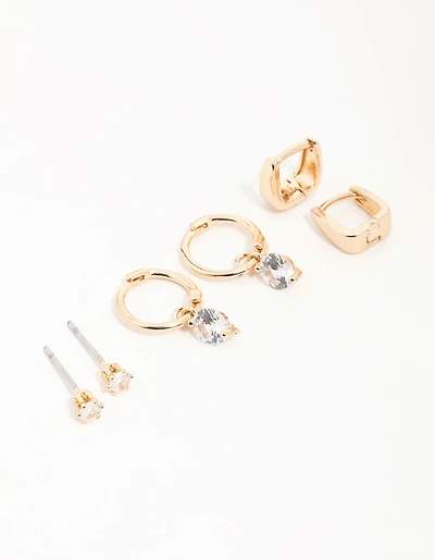 Gold Cubic Zirconia Huggie & Stud Earrings 3-Pack