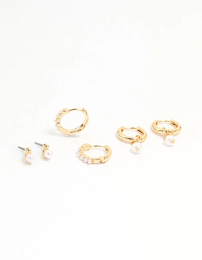Gold Mixed Pearl Charm Huggie Earrings 3-Pack