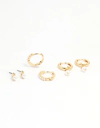 Gold Mixed Pearl Charm Huggie Earrings 3-Pack