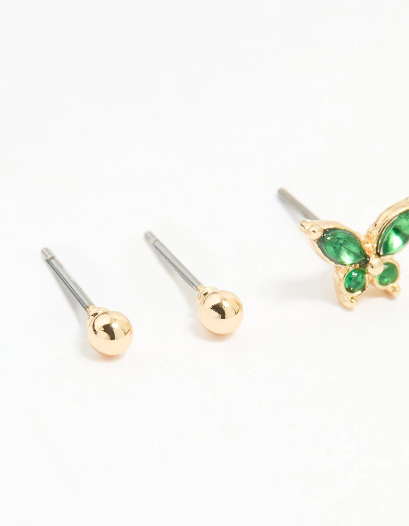 Gold Green Diamante Butterfly & Cross Mixed Stud Earrings 3-Pack