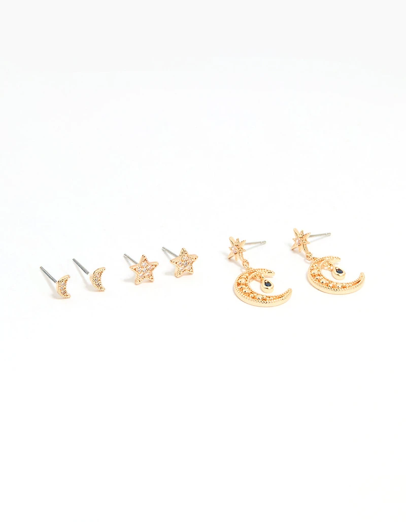 Gold Cubic Zirconia Celestial Drop & Stud Earrings 3-Pack