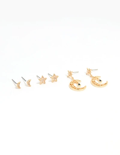 Gold Cubic Zirconia Celestial Drop & Stud Earrings 3-Pack