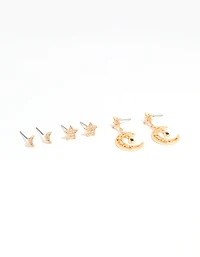 Gold Cubic Zirconia Celestial Drop & Stud Earrings 3-Pack