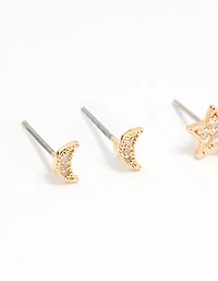Gold Cubic Zirconia Celestial Drop & Stud Earrings 3-Pack