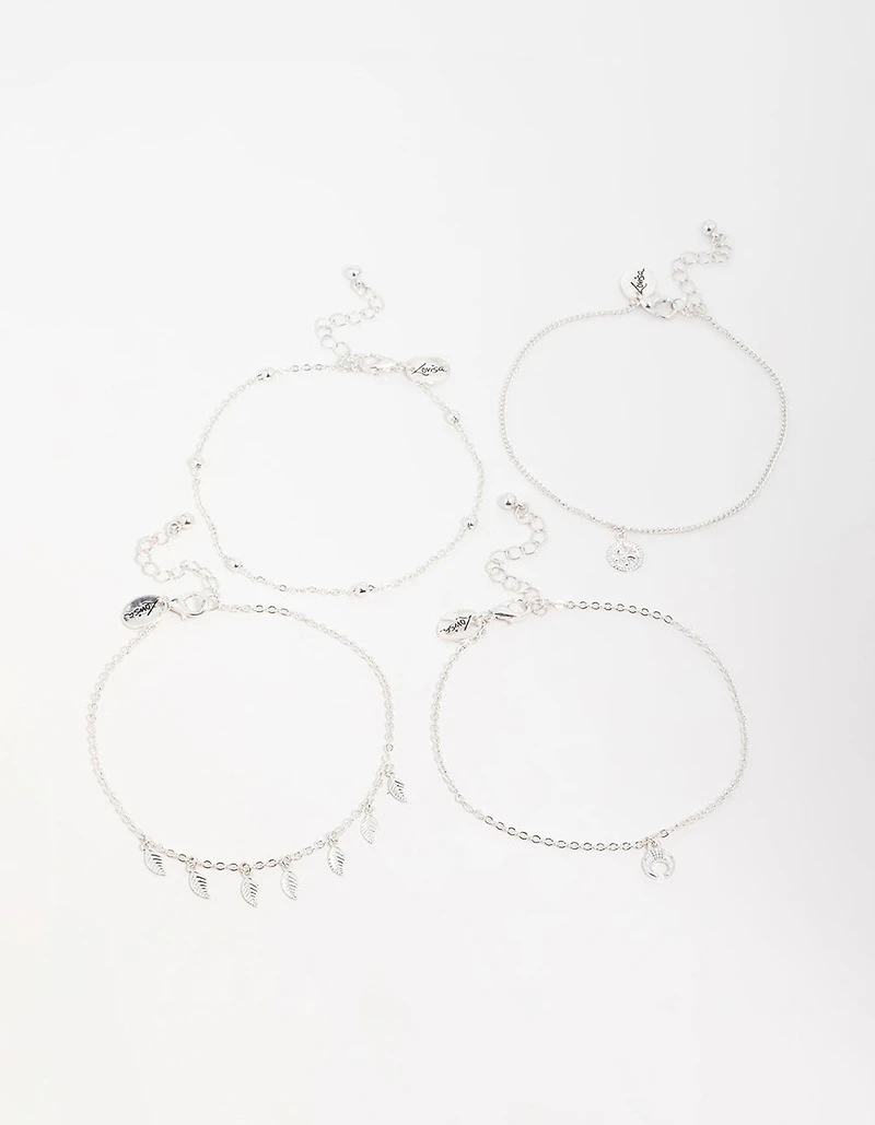 Antique Silver Leaf & Station Anklets 4-Pack
