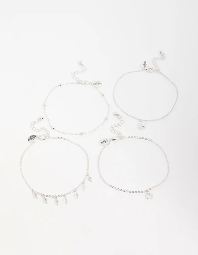 Antique Silver Leaf & Station Anklets 4-Pack