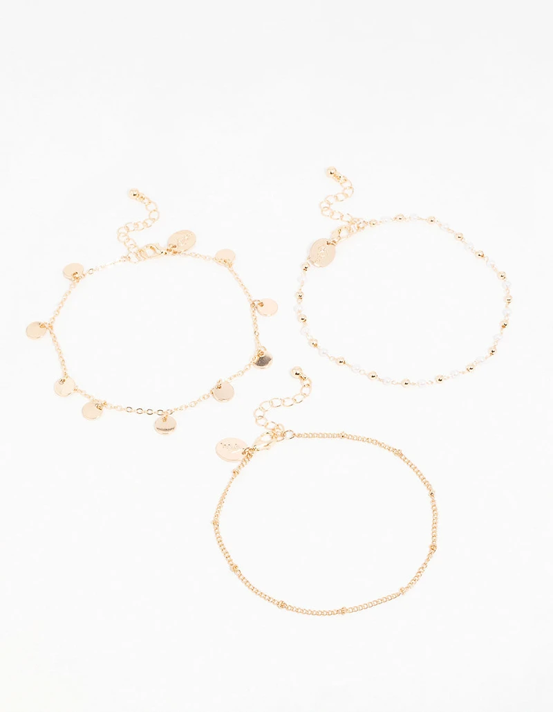 Gold Pearl Disc & Twisted Anklets 3-Pack