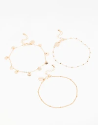 Gold Pearl Disc & Twisted Anklets 3-Pack