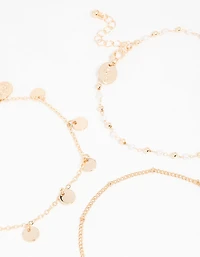 Gold Pearl Disc & Twisted Anklets 3-Pack