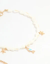 Gold Shell & Fish Charm Anklets 3-Pack
