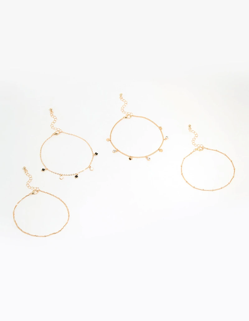 Gold Enamel Flower & Twisted Anklets 4-Pack