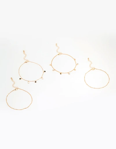 Gold Enamel Flower & Twisted Anklets 4-Pack