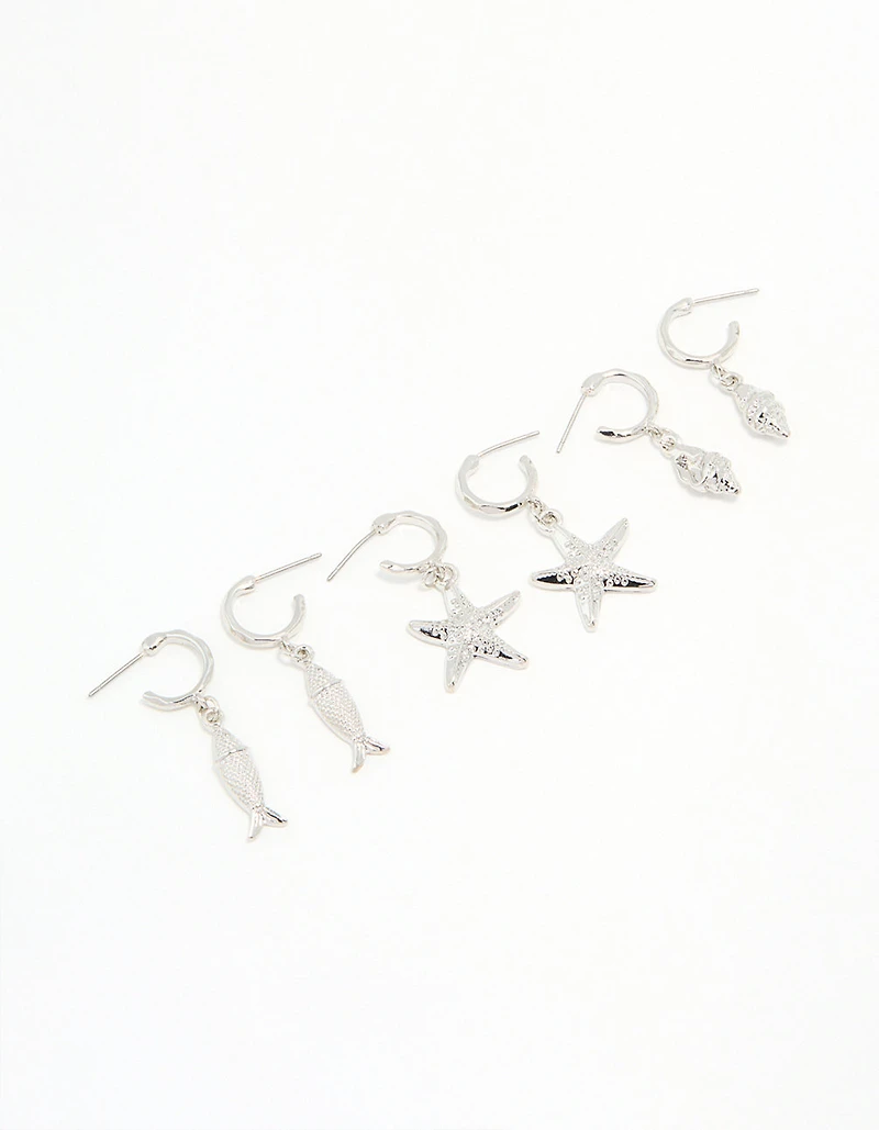 Silver Starfish & Shell Earrings 3-Pack