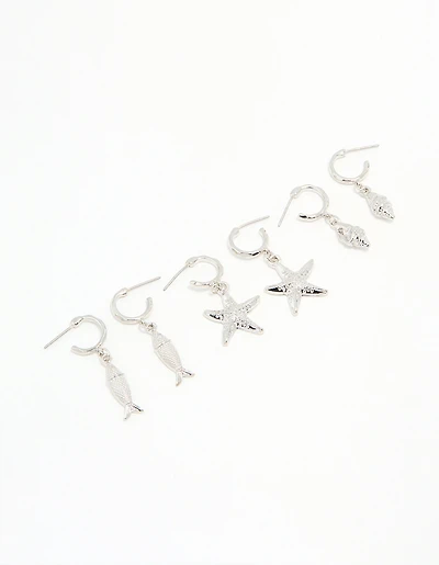 Silver Starfish & Shell Earrings 3-Pack