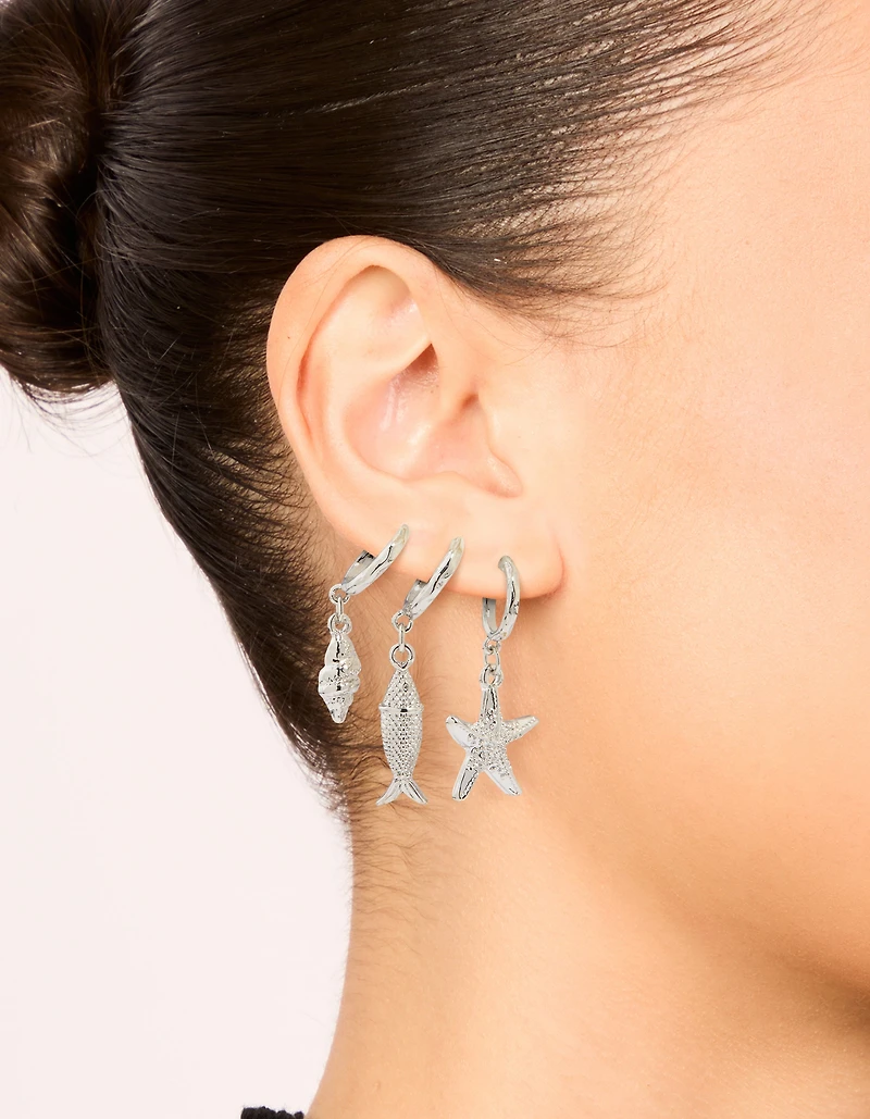 Pack de 3 boucles d’oreilles Silver Starfish & Shell