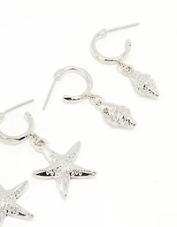 Silver Starfish & Shell Earrings 3-Pack