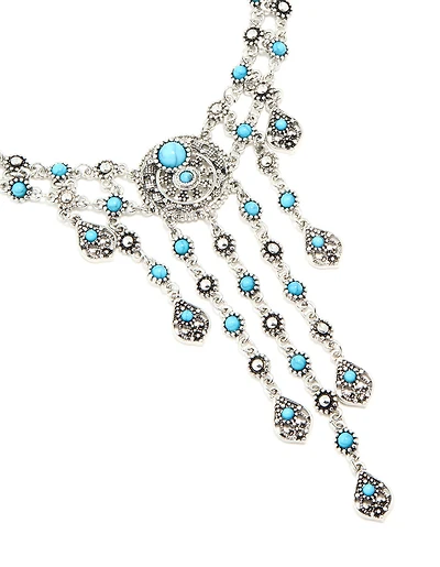 Antique Silver Turquoise Molten Layered Drop Necklace