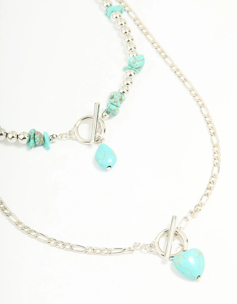 Antique Silver Turquoise T-Bar Heart Layered Necklace