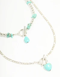 Antique Silver Turquoise T-Bar Heart Layered Necklace