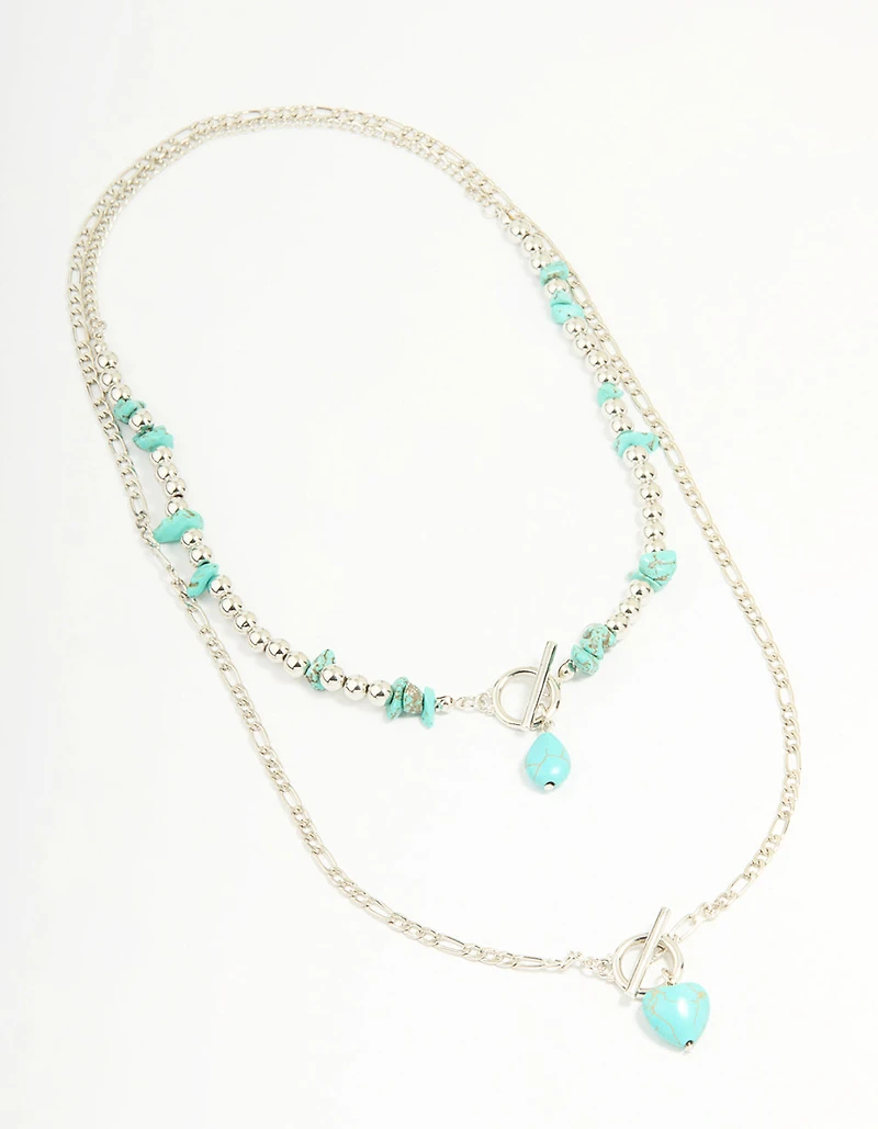 Antique Silver Turquoise T-Bar Heart Layered Necklace