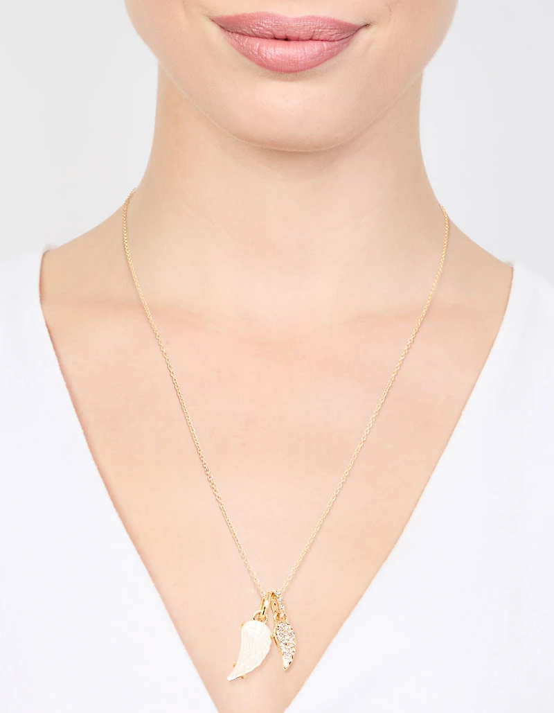 Gold Plated Diamante Wing Charm Pendant Necklace
