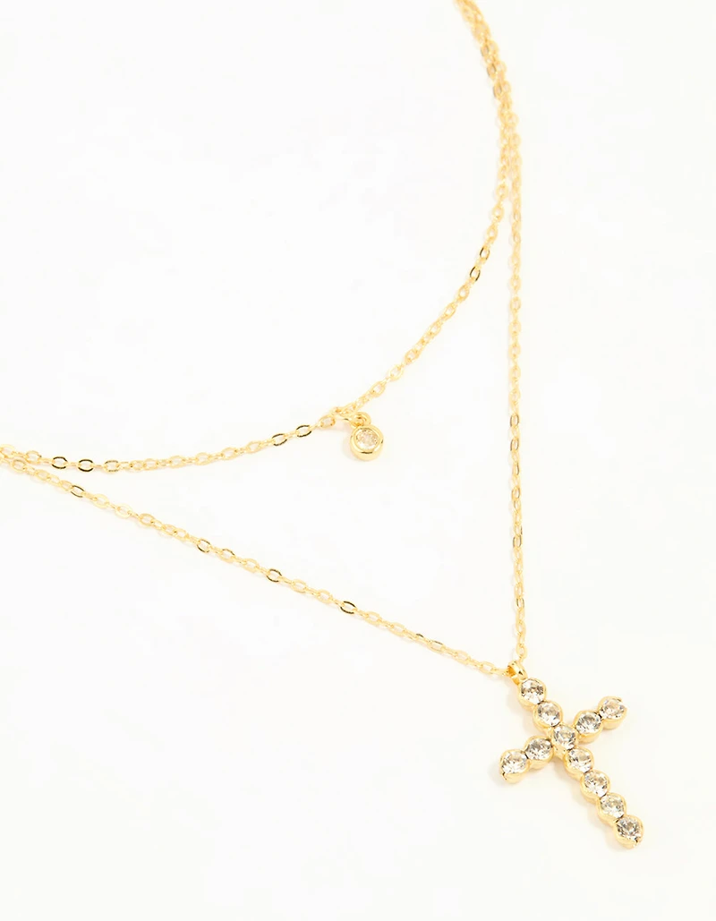 Gold Plated Diamante Cross Layered Necklace