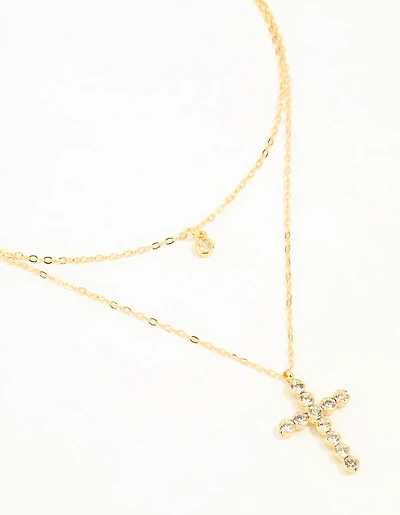 Gold Plated Diamante Cross Layered Necklace