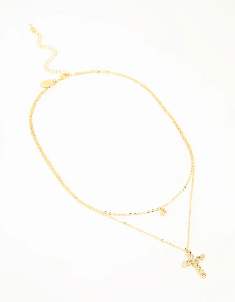 Gold Plated Diamante Cross Layered Necklace