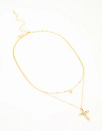 Gold Plated Diamante Cross Layered Necklace