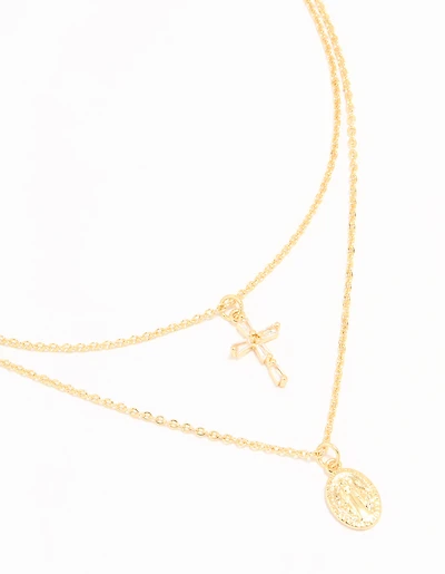 Gold Plated Cross & Mary Layered Necklace