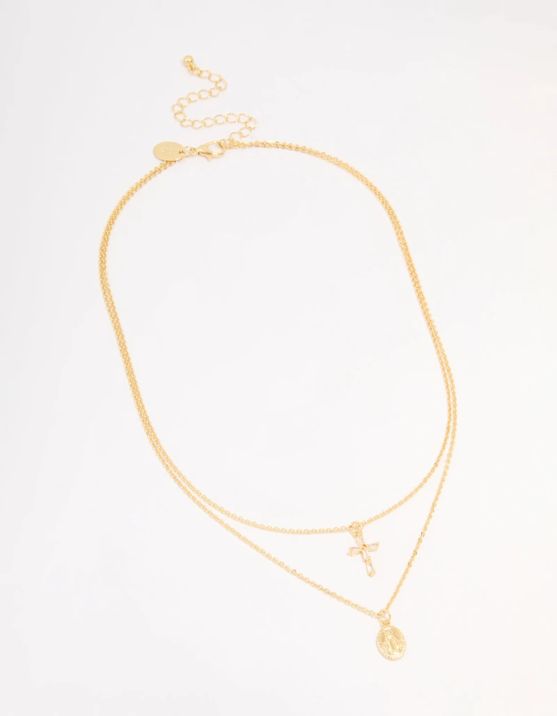 Gold Plated Cross & Mary Layered Necklace
