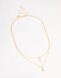 Gold Plated Cross & Mary Layered Necklace