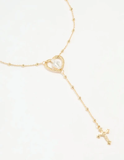 Mixed Metal Cross Heart & Mary Y-Necklace