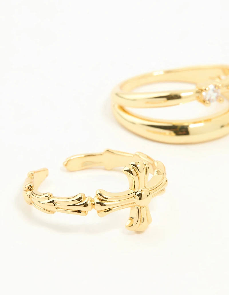 Gold Plated Cross & Diamante Stacking Rings 3-Pack