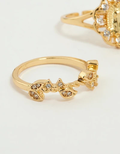 Gold Plated Cubic Zirconia Mary & Floral Rings 2-Pack