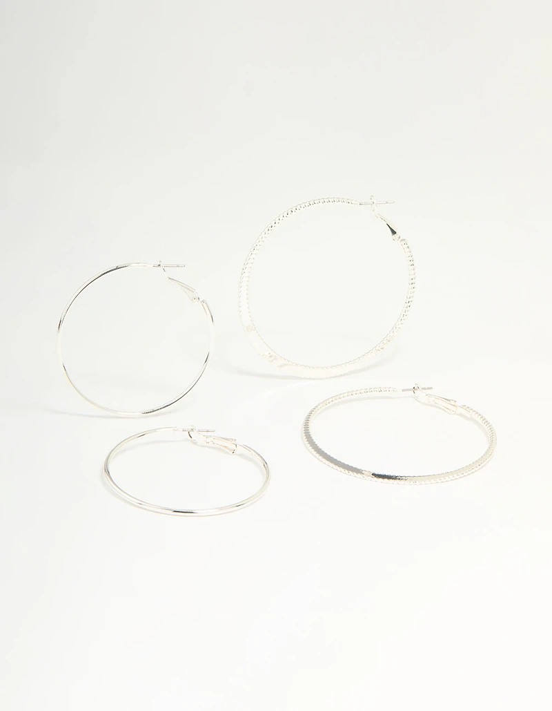 Silver Textured & Plain Hoop Earrings 2-Pack