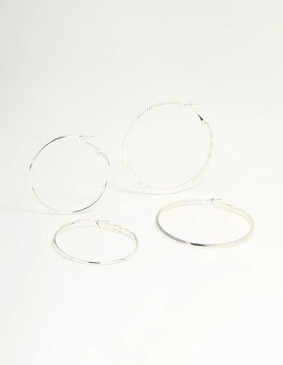 Silver Textured & Plain Hoop Earrings 2-Pack