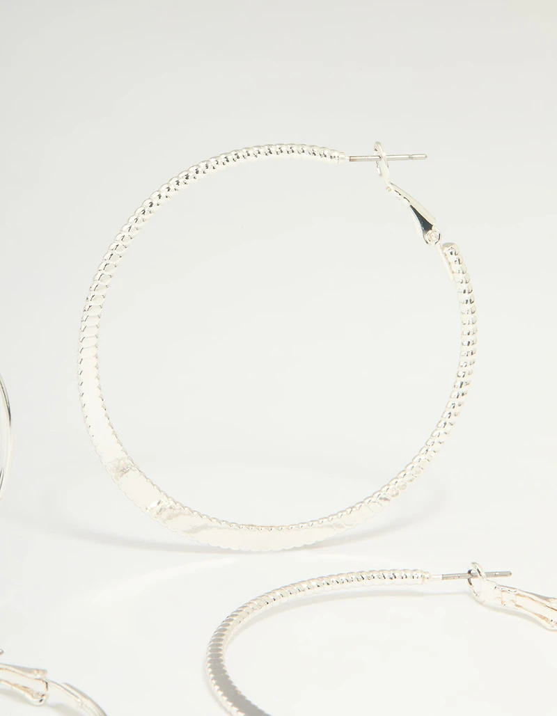Silver Textured & Plain Hoop Earrings 2-Pack