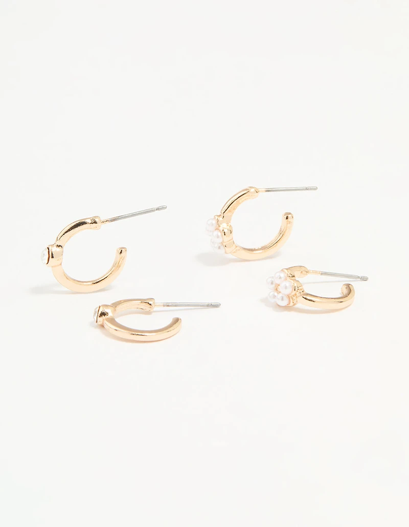 Gold Diamante Pearl Flower Hoop Earrings 2-Pack