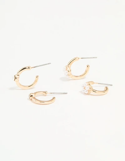 Gold Diamante Pearl Flower Hoop Earrings 2-Pack