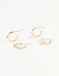 Gold Diamante Pearl Flower Hoop Earrings 2-Pack