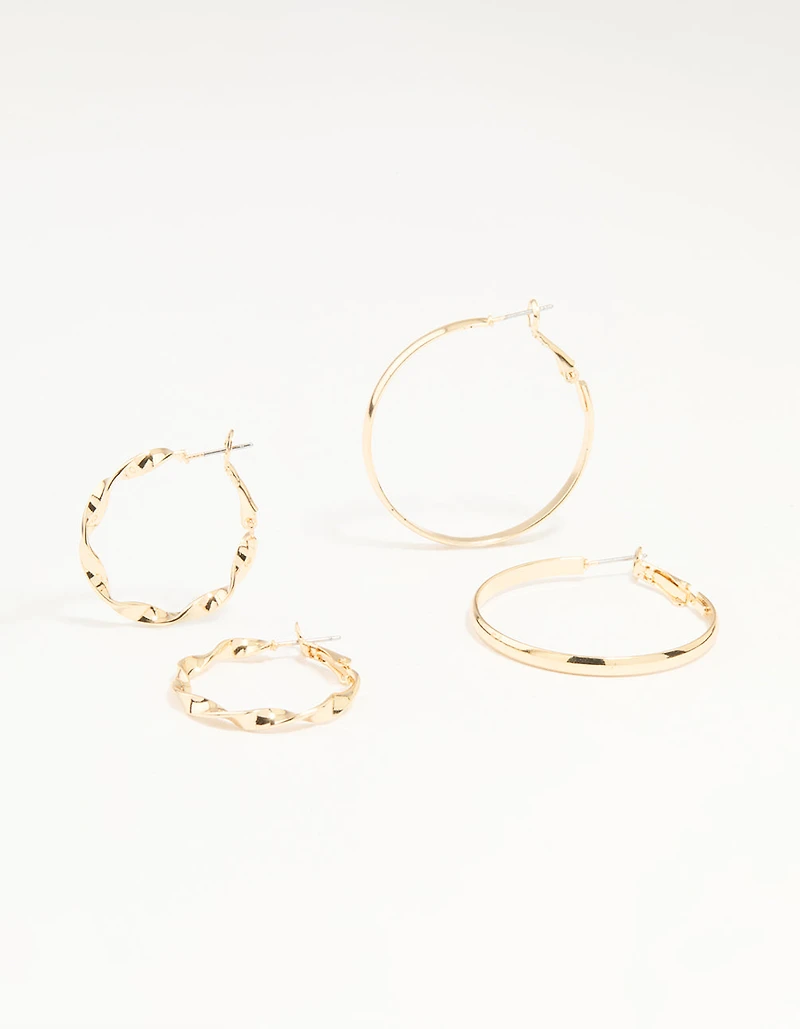 Gold Twisted & Plain Hoop Earrings 2-Pack