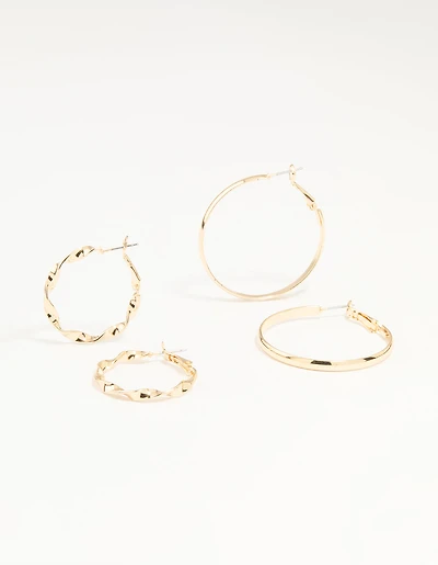 Gold Twisted & Plain Hoop Earrings 2-Pack
