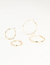 Gold Twisted & Plain Hoop Earrings 2-Pack