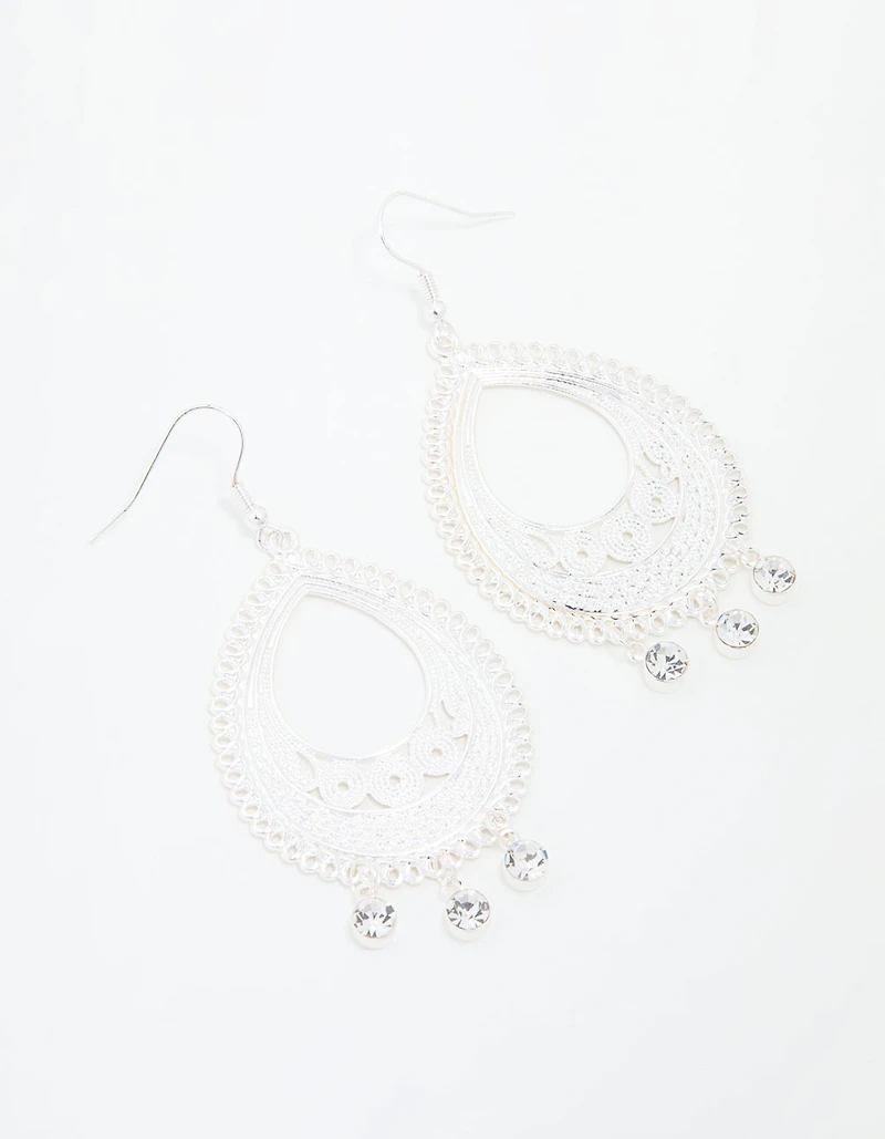 Silver Diamante Filigree Oval Drop Earrings